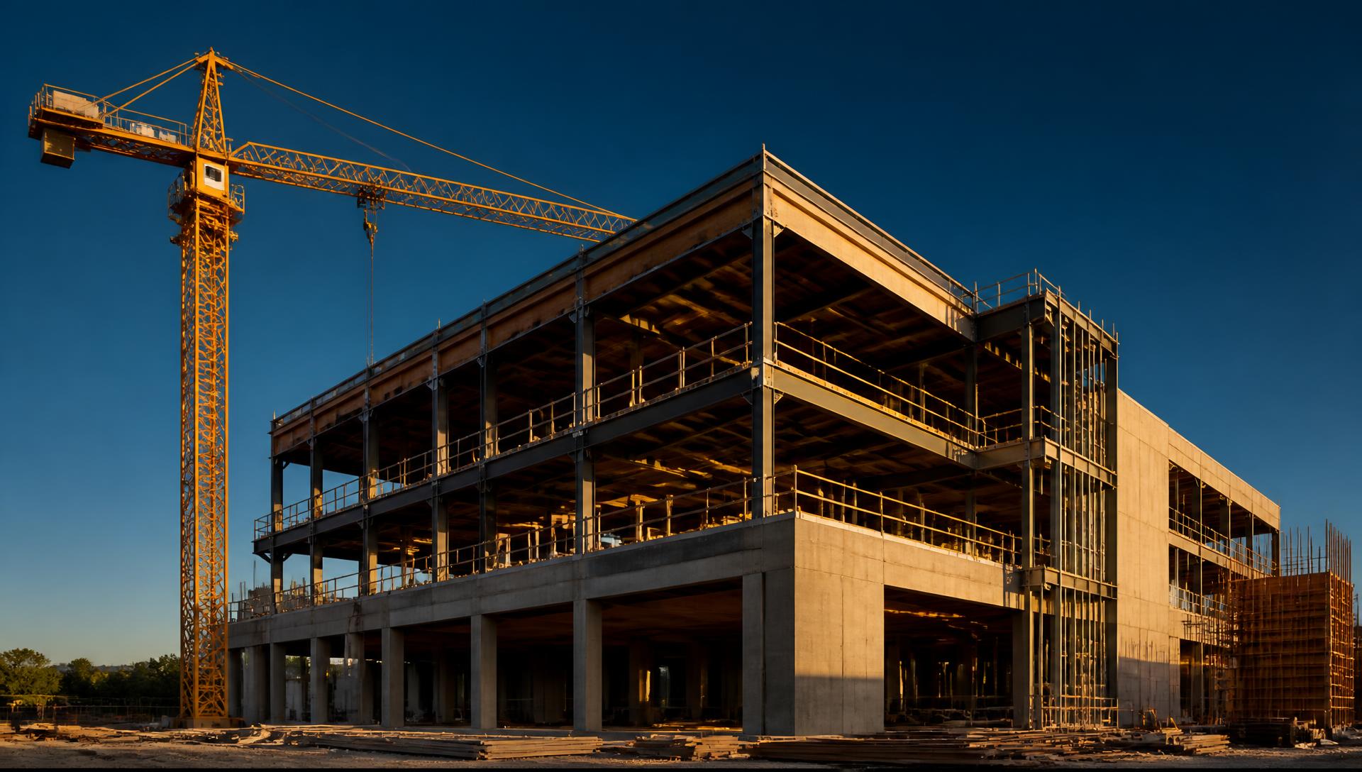 Modern construction site with steel frame structure and tower crane